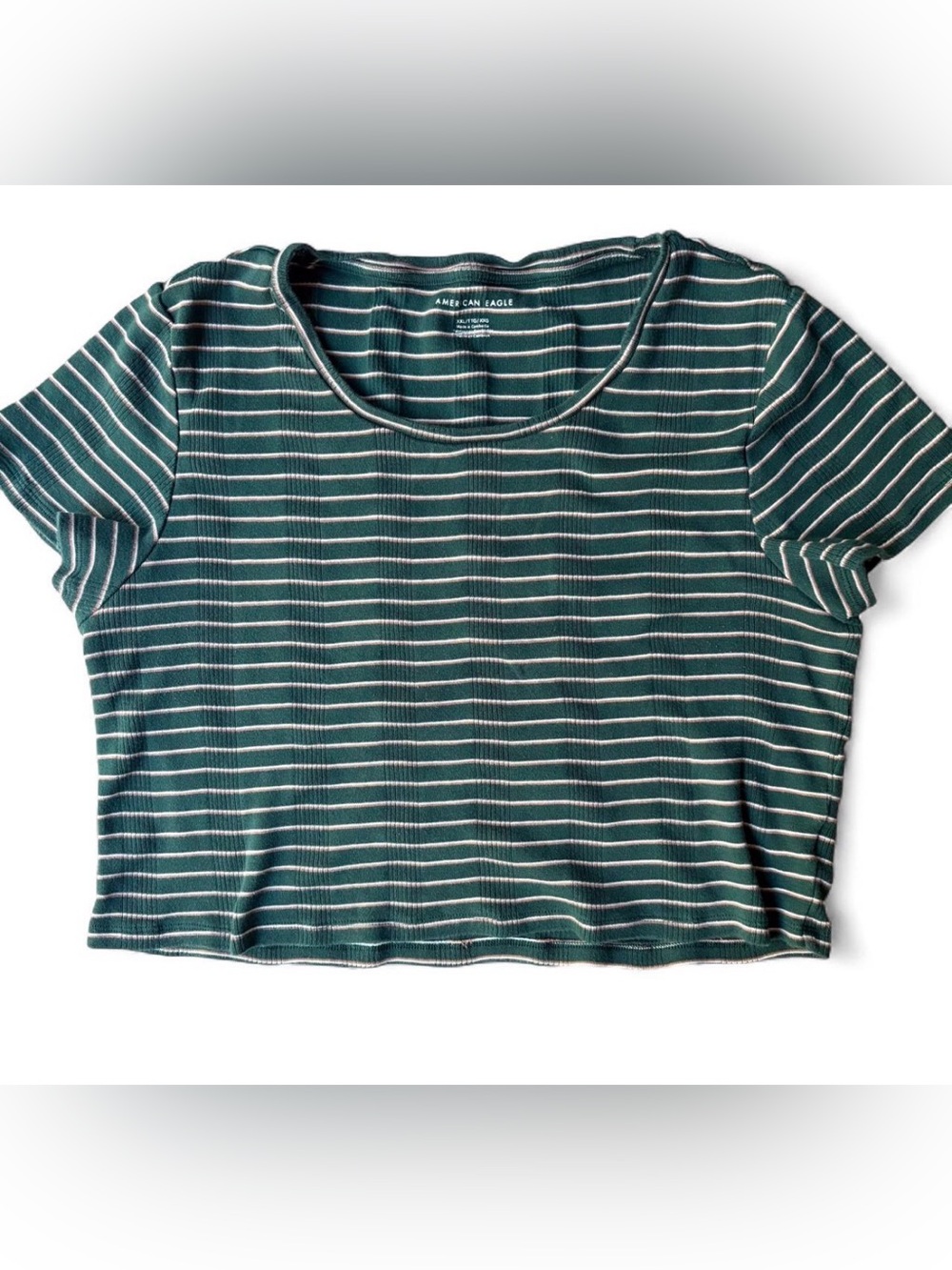 American Eagle Dark Green Striped Ribbed Baby Tee Crop Top Size XXL
